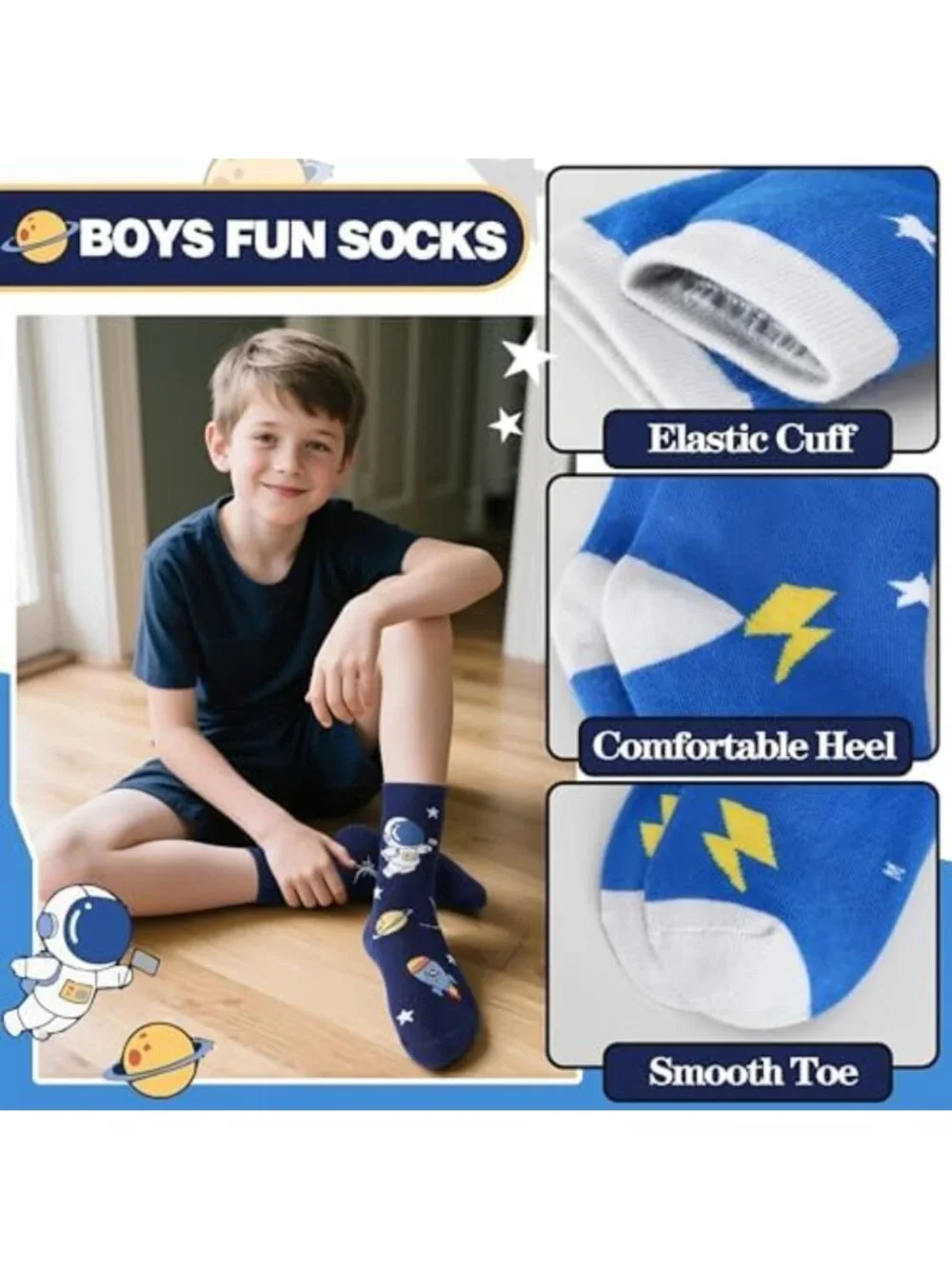 6 Pairs Kids Fun Cotton Crew Socks - Cartoon Space Trucks & Stars Novelty Design